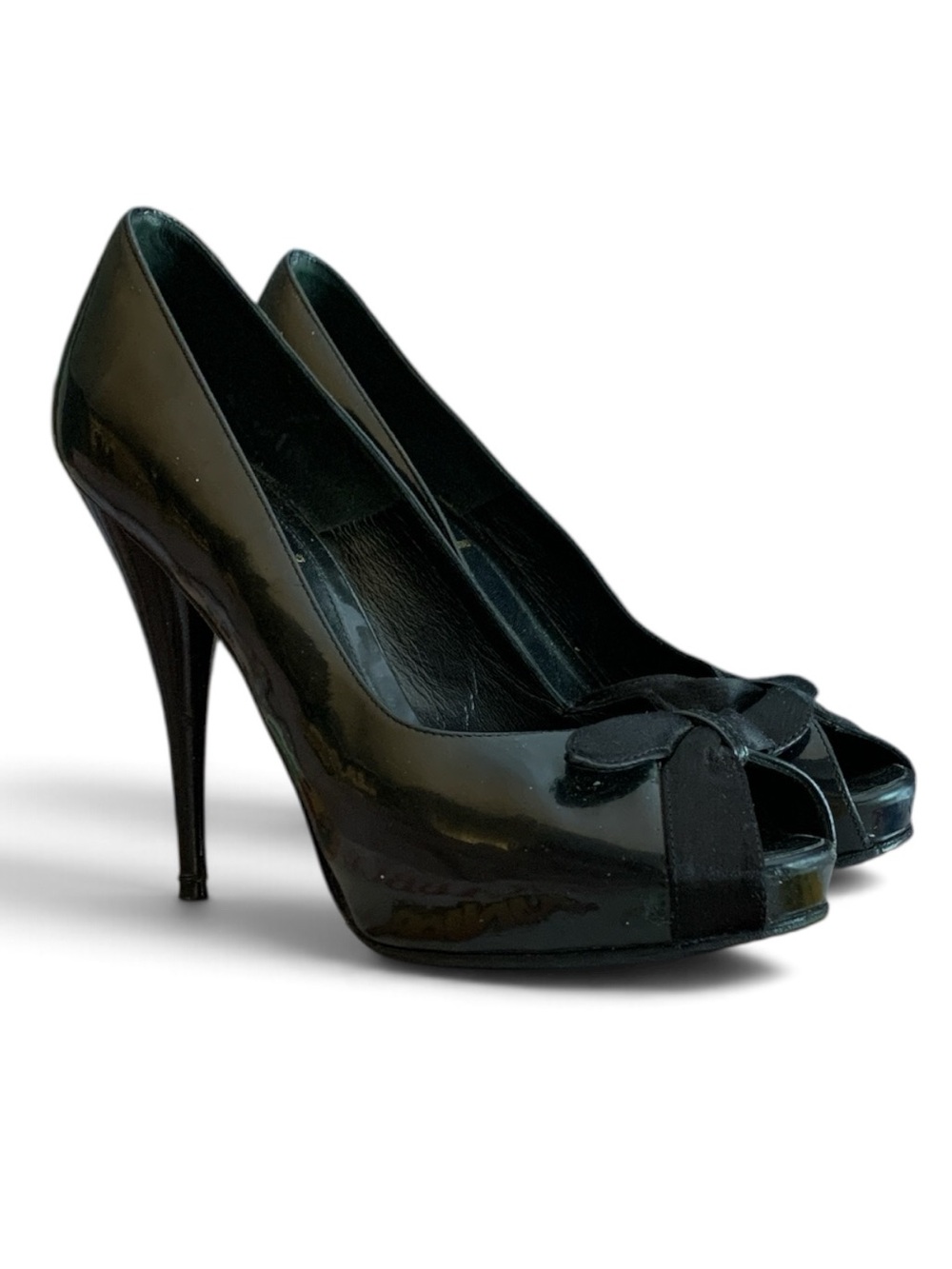 FENDI Black Patent Leather Satin Peep-Toe Stiletto Heels